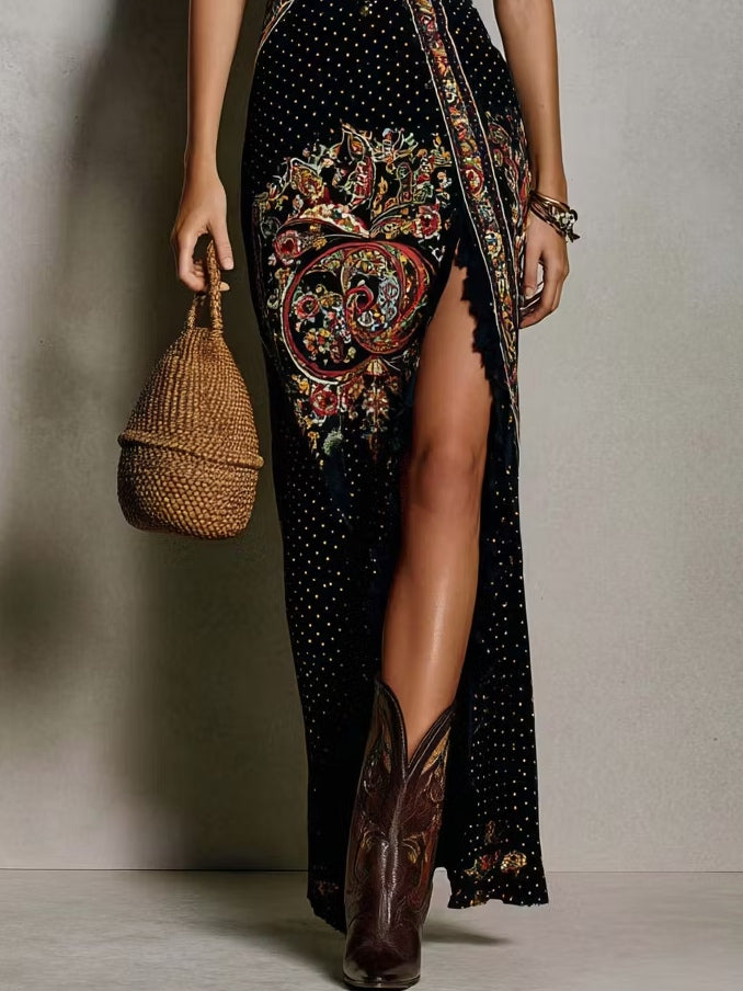 FIORA - ABITO LUNGO BOHO VINTAGE CON STAMPA ETNICA E SPACCO