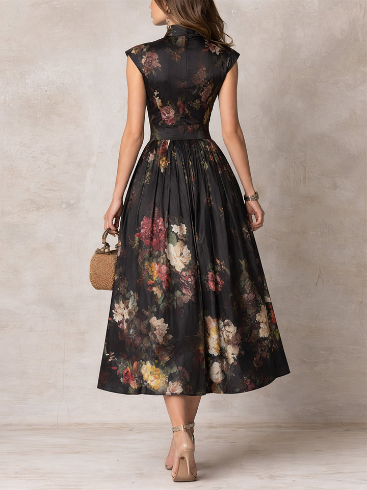 Sofia – Abito midi in satin pieghettato con collo a keyhole nero